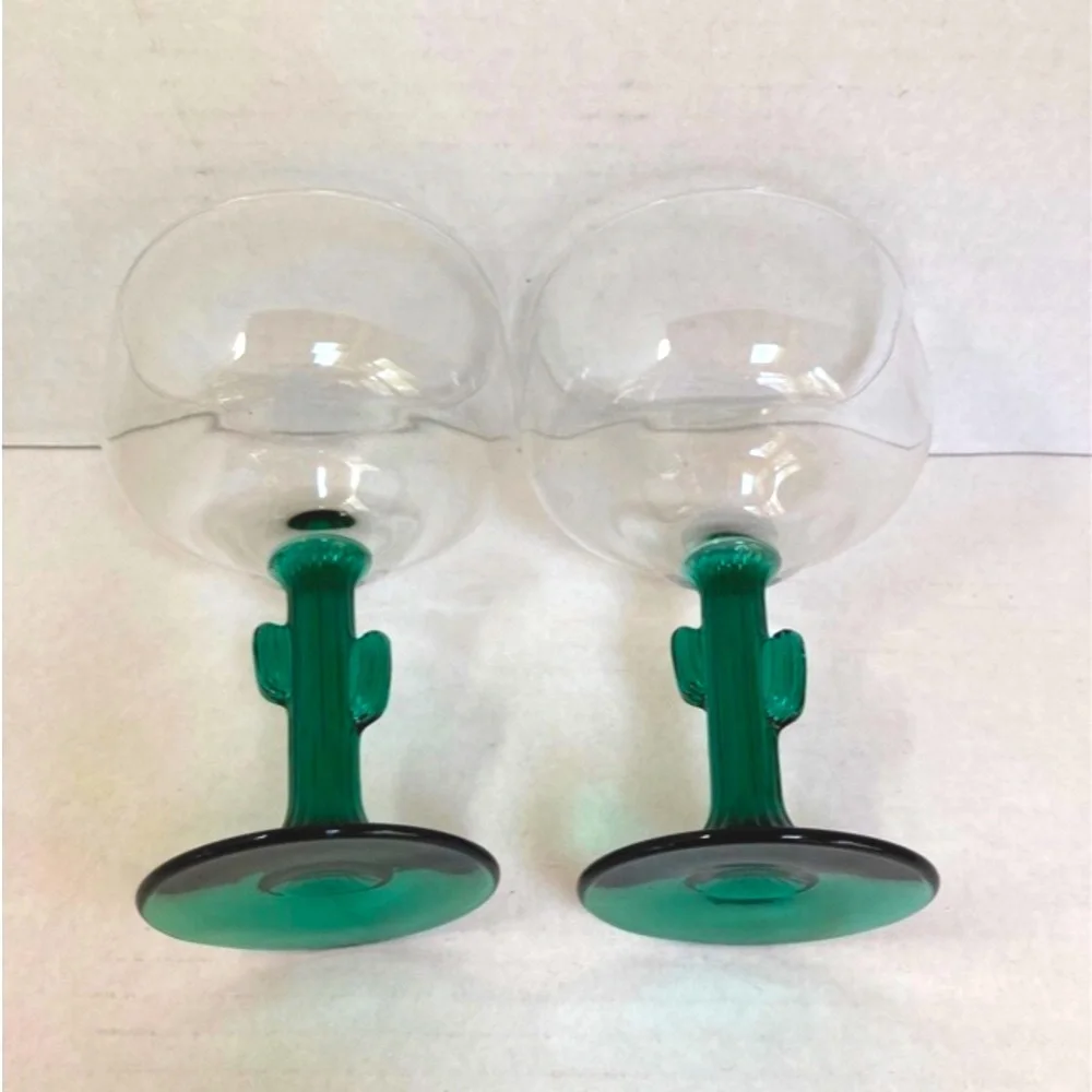 1980s Vintage CACTUS Southwestern Stemmed Margarita Glasses Set of 2